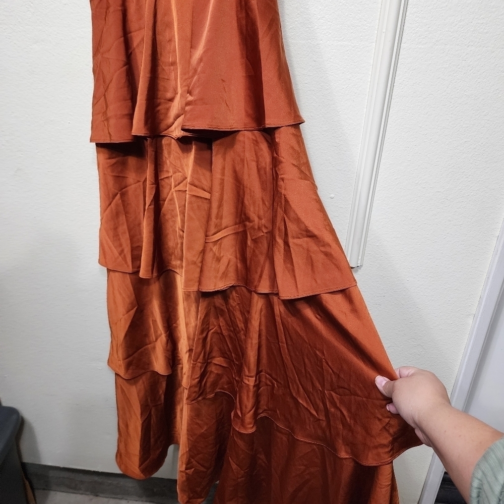 Lulus Going with Elegance Rust Brown Satin Tiered Gown Wedding Party Formal - Picture 8 of 9